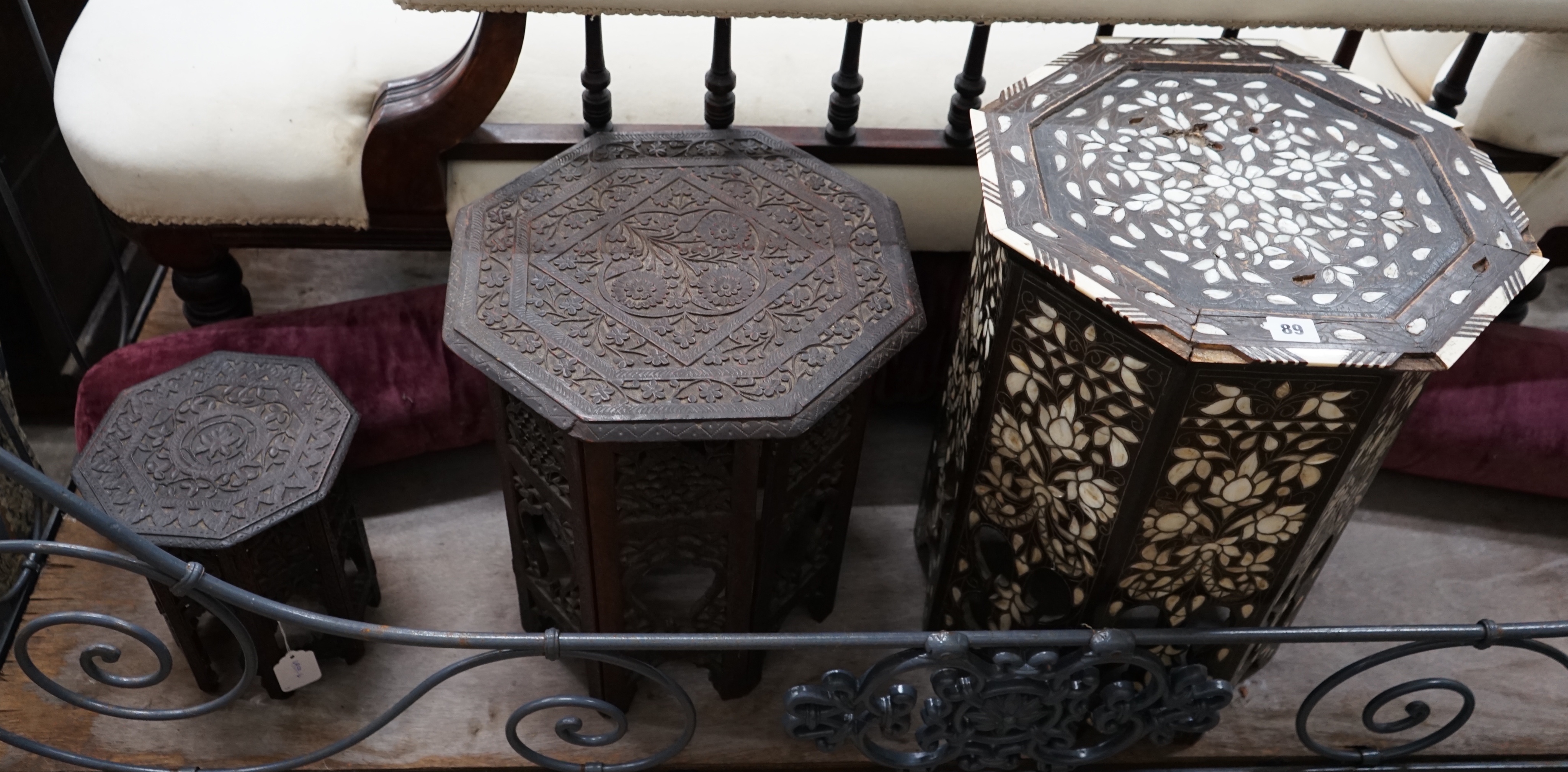 Three Indian and Moorish octagonal occasional tables, largest width 43cm height 53cm